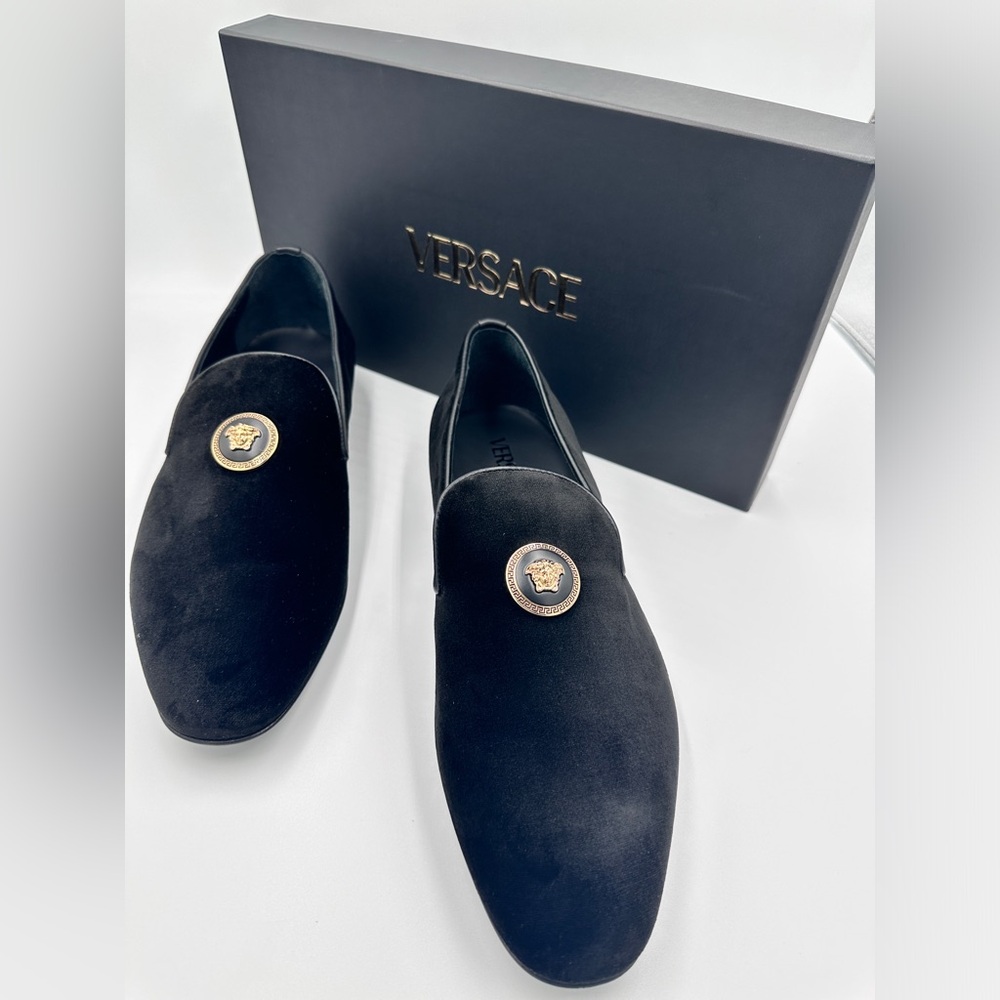 NEW Versace Men's Black Velvet Medusa Logo Slip-on Loafers Size 43 EU/10 US